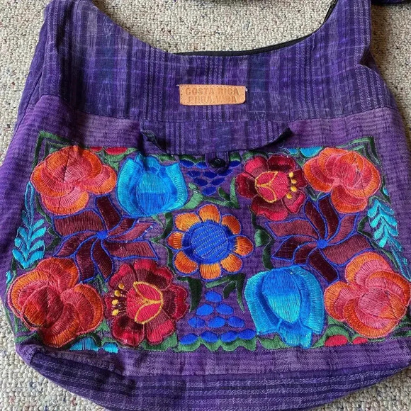 Costa Rica Pura Vida Boho Purple Floral Embroidery Fabric Crossbody Bag - Picture 4 of 6